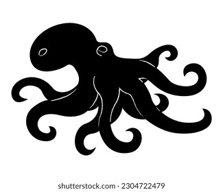 Octopus silhouette. Doodle black and white vector illustration.