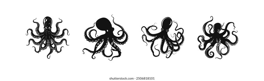 Ilustraciones de la silueta del pulpo en varias poses. Diseño de icono de Vector.