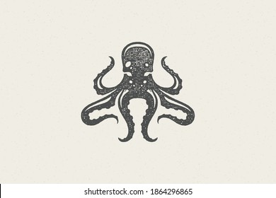 Octopus silhouette for logo hand drawn stamp effect vector illustration. Vintage grunge texture emblem for package and menu design or label decoration.