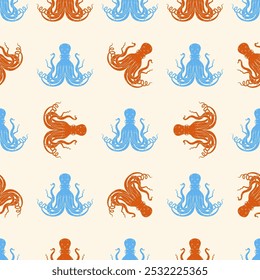 Octopus silhouette seamless pattern vector. Cute cartoon style sea and ocean creatures, animals. Symmetrical square composition, for print design, wallpaper, wrapping paper or web.