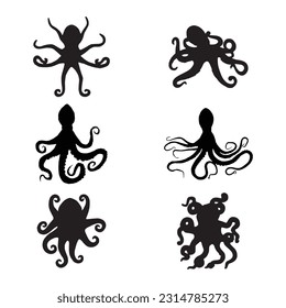 octopus silhouette set collection isolated black on white background vector illustration