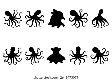 Octopus Silhouette Set Marine Animal Vector Collection