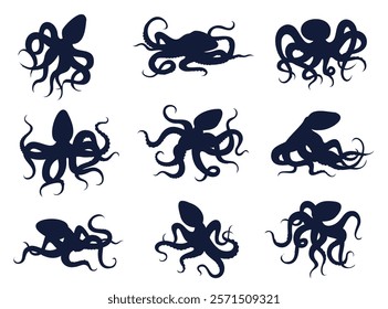 Octopus silhouette set. Squids with tentacles underwater inhabitants. Stickers collection. Seafood or oceanic fauna. Mollusk decorative isolated elements. Vector cartoon flat illustration