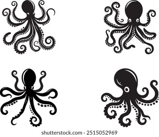 La ilustración de Arte vectorial de silueta de pulpo presenta un contorno limpio en blanco y negro de un pulpo. Es perfecto para logotipos, íconos o diseños, enfatizando la simplicidad y las Formas audaces y fluidas.