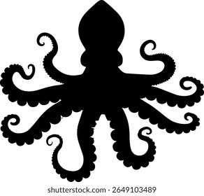 Octopus Silhouette Vector Black Sea Creature Clipart with Spread Tentacles