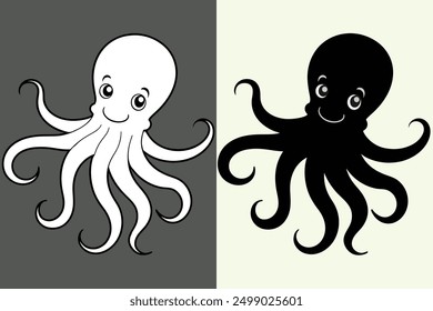 octopus silhouette - vector illustration. octopus silhouette vector. Octopus symbol. Isolated octopus on white background. Group of sea creatures. Sea Animal. Sea Fish. Marine underwater world coral.