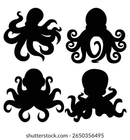 Octopus Silhouette Vector Set, Playful Sea Creature Clipart