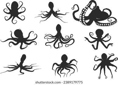 Octopus silhouette, Octopus vector, Octopus silhouettes, Octopus icon set