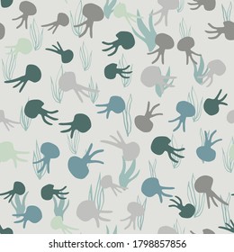 Octopus silhouttes simple seamless pattern. Multicolor pastel blue and beige tones ornament on light background. Creative print for wallpaper, textile, wrapping, fabric print. Vector illustration.