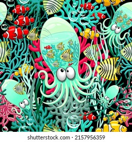 Octopus Silly Funny Cartoon Character on Coral Reef Seamless Textile Repeat Pattern Vector Graphic Art
