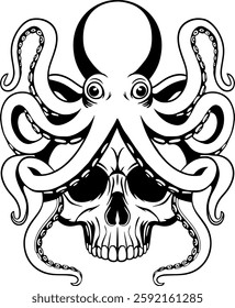 An octopus sits on a tattoo in the shape of a skull
Graphic black and white illustration depicting a sinister skull that merges with an octopus. The tentacles of the sea creature wrap around the skull