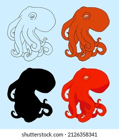 the octopus sketch is red. a set of sea animal octopus, hand-drawn in sketch style, isolated in black outline and silhouette on white for a menu design template, packaging, labels. a hand-drawn sketch