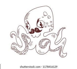 Octopus. Sketch Vector. Cartoon. Isolated art on white background. Flat