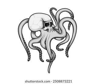 Tatuaje de cráneo de pulpo con tentáculos en dibujo doodle para el arte de la muerte, emblema de Vector. Pulpo submarino o monstruo de kraken con cráneo de esqueleto para club de ciclistas o insignia o camiseta de banda de música hard rock