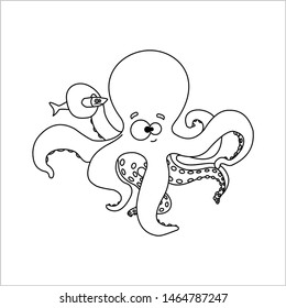 Octopus. Smiling Octopus With Suckers on Tentacles. Holds a Tentacle Unhappy Fish. For Children's Coloring Books. Outline Vector Image on white background.
