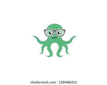 octopus smiling and wearing glasses, geek squid logo