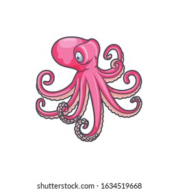 Octopus Soft-bodied, Eight-limbed Mollusc Of Order Octopoda. Vector Pink Cartoon Octopus With Tentacles, With Two Eyes And Beak. Underwater Aquatic Animal With Suckers, Fishing Sport Mascot