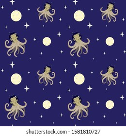 Octopus in space seamless pattern on black, navy blue background. Line art vector illustration. For wrapping paper, scrap booking and printed matter. Octopus in spacesuit against the moon and stars