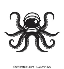 Octopus in spaceman helmet. Design element for poster, emblem, t shirt. Vector illustration