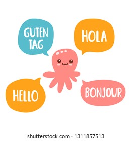 Octopus speak in different languages. Bilingual translation concept. Vector  illustration on white background.