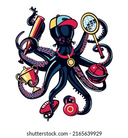 Octopus sport emblem. Kraken with sport equipment in the tentacles. Sportsman cartoon humor illustration. Mascot design.