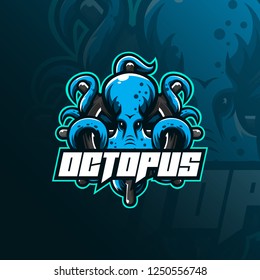 octopus sport mascot logo design illustration, tshirt and emblem.