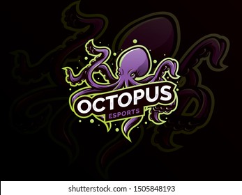 Octopus sport mascot logo design illustration. Squid, Kraken, Octopus mascot logo design for sport team. Vector eSports logo concept, Modern badge mascot design. Wild animal vector illustration