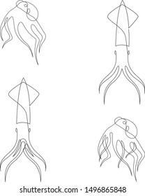 Octopus and squid illustration drawn by one line. Minimalist style vector illustration set