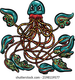 Octopus Squid Like Cartoon Logo Character with Lots of Tentacles Illustration
