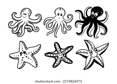 Octopus and Starfish Illustrations - Black and White Sea Life Art