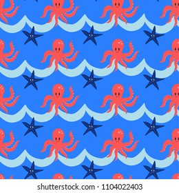 Octopus and starfish with ocean wave seamless pattern illustration vector