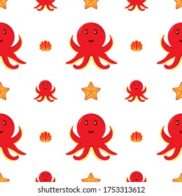 octopus with starfish and shell seamless pattern