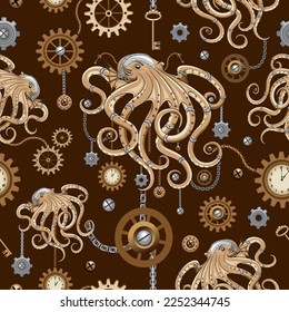Octopus Steampunk Clocks and Gears Gothic Surreal Retro Style Machine Vector Seamless Pattern
