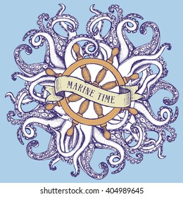 Octopus and steering wheel in vintage style, vector poster