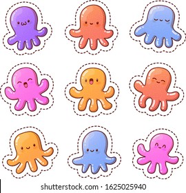 Octopus Sticker Set For Kids - Eight Kawaii Smiling Happy Friendly Octopuses