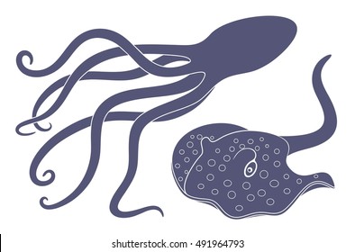 Octopus and stingray. Logo. Set