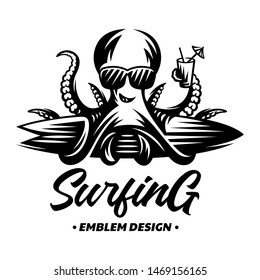 Octopus in sunglasses with cocktail and surfboard - surfing emblems, illustrations, t-shirt designs vector on white background