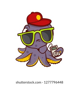 Octopus in sunglasses and red cap, holding player and listening music. Sea creature with tentacles. Cartoon vector icon
