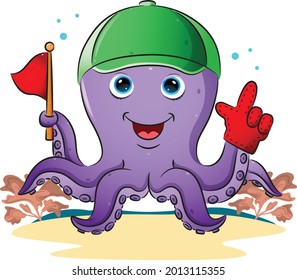 The octopus supporter is holding the colored flag and using the bright cap of illustration