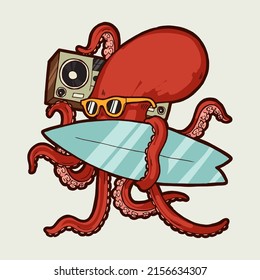 Octopus Surfing. Cool Octopus character with boombox and surfboard beach sports character isolated vector illustration.