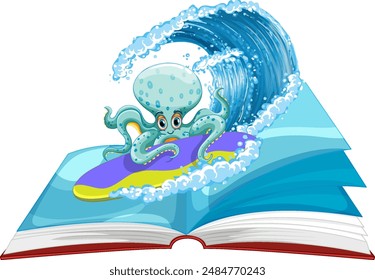 An octopus surfing on a wave from a book