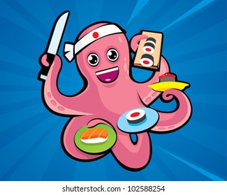 Octopus sushi chef cooking vector illustration