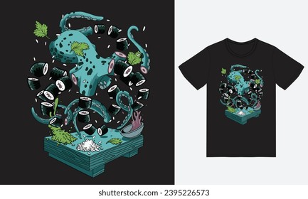 Octopus sushi illustration with tshirt design premium vector the Concept of Isolated Technology. Flat Cartoon Style Suitable for Landing Web Pages,T shirt, Flyers, Stickers