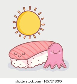 octopus and sushi tasty menu restaurant cartoon food cute vector illustration