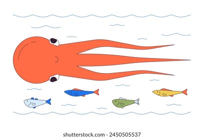 Octopus swimming with fish school 2D linear cartoon characters. Exotic underwater animals isolated line vector personages white background. Seawater habitats color flat spot illustration