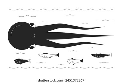 Octopus swimming with fish school black and white 2D line cartoon characters. Exotic underwater animals isolated vector outline personages. Seawater habitats monochromatic flat spot illustration