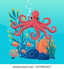 Ein Oktopus schwimmt durch Korallen, Algen und Schwämme auf dem Meeresgrund - eine Veranschaulichung für den Schutz der Meeresumwelt.