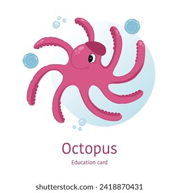 Octopus swims crawl in cartoon style. Hand drawn cute education card with an inscription.