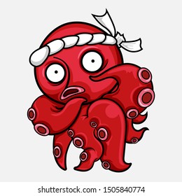 Octopus or Tako Red Japanese Cartoon Character Funny, Vector for Logo Banner and Street Food Shop