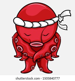 Octopus or Tako Red Japanese Cartoon Character Funny, Vector for Logo Banner and Street Food Shop